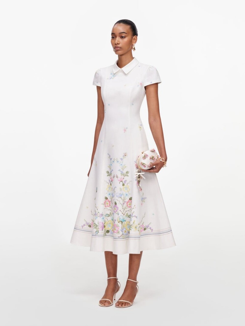 Self Portrait White Floral Linen Blend Midi Dress - Picture 2 of 11